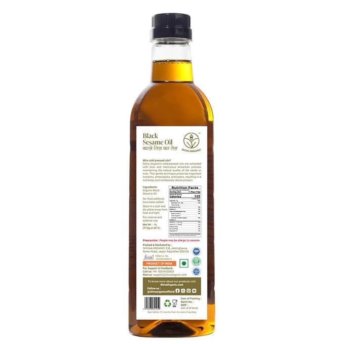 Shiva Organic Cold-Pressed Black Sesame Oil - 100% Natural, Certified Organic - 1L (33.8 fl oz) for Cooking, Dressings, and Health