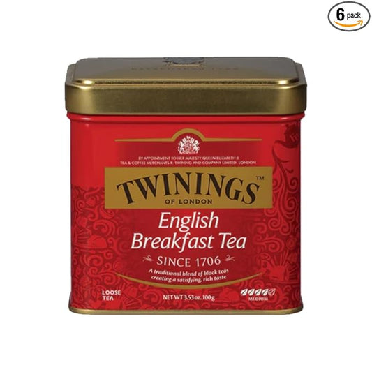Twinings English Breakfast Loose Tea Tins, 3.53 Ounce Tins (Pack of 6), Smooth, Flavourful, Robust Black Tea Leaves, Caffeinated, Enjoy Hot or Iced