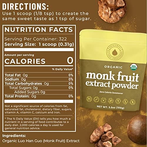 Monk Fruit Extract Sweetener, 3.5 oz, Pure USDA Organic with No Fillers Zero Calories, Zero Carbs, Keto & Paleo Friendly Sugar Substitute, 322 Servings by NatriSweet