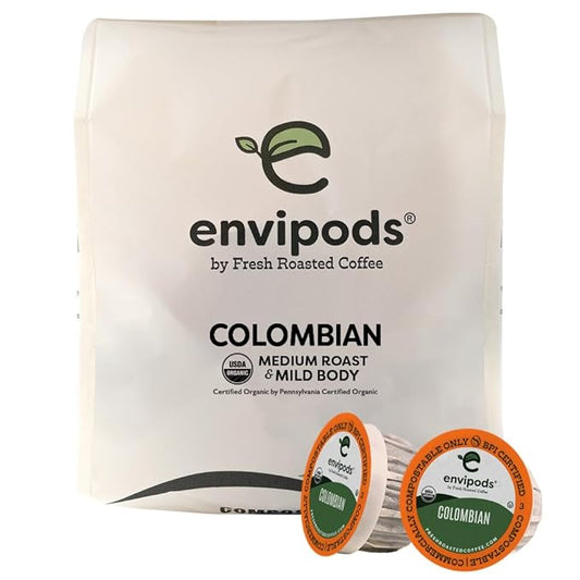 Fresh Roasted Coffee, Organic Colombian envipods | BPI Compostable, USDA Organic, Kosher | Med Roast 12 Count for K Cup Brewers | Not for use in Ninja or Hamilton Beach Brewers