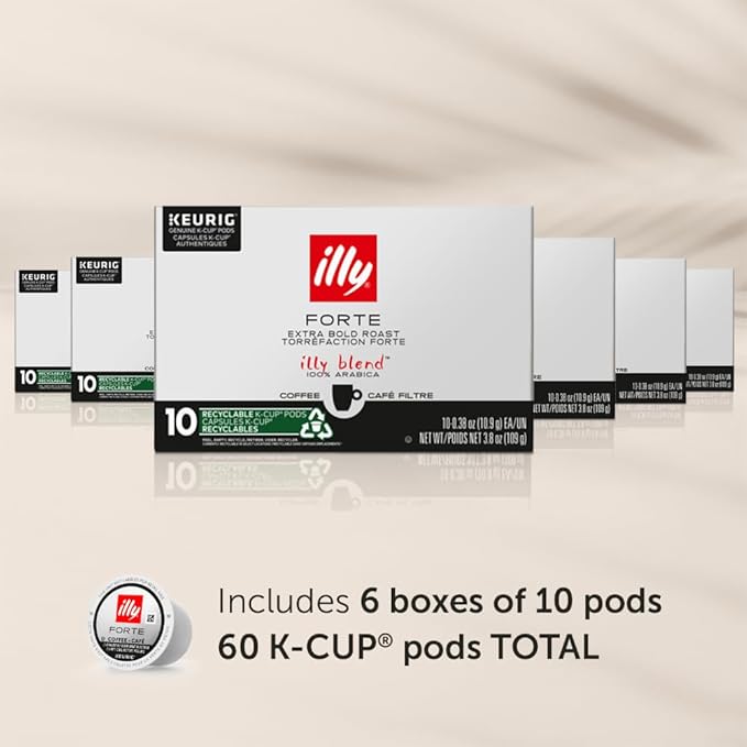 Illy Coffee K Cups - Pods For Keurig Machines – Forte Dark Roast – Toasted Bread & Dark Chocolate - Rich, Flavorful & Strong Flavor - No Preservatives – 10 Count, 6 Pack