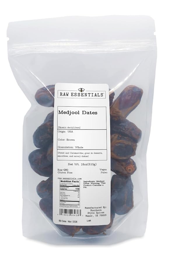 Raw Essentials Medjool Dates - Sweet and Caramel-like - Great in Desserts, Smoothies, and Savory Dishes - 18 Ounce Resealable Bag