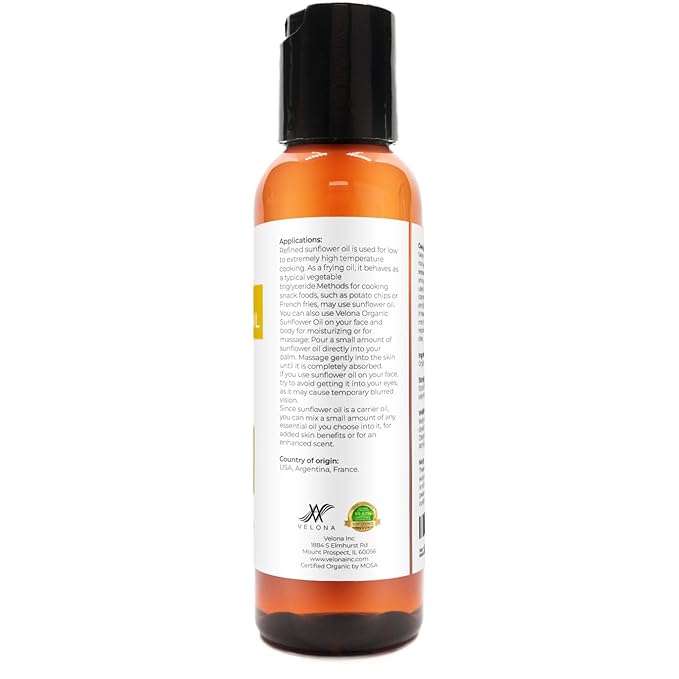 velona USDA Certified Organic Sunflower Oil - 2 Fl Oz | 100% Pure and Natural Carrier Oil | High Oleic, Refined| Cooking, Skin, Hair, Body & Face Moisturizing