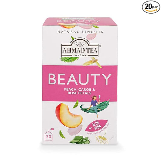 Ahmad Tea Herbal Tea, Peach, Carob, and Rose Petals 'Beauty' Natural Benefits Teabags, 20 ct (Pack of 1) - Decaffeinated & Sugar-Free