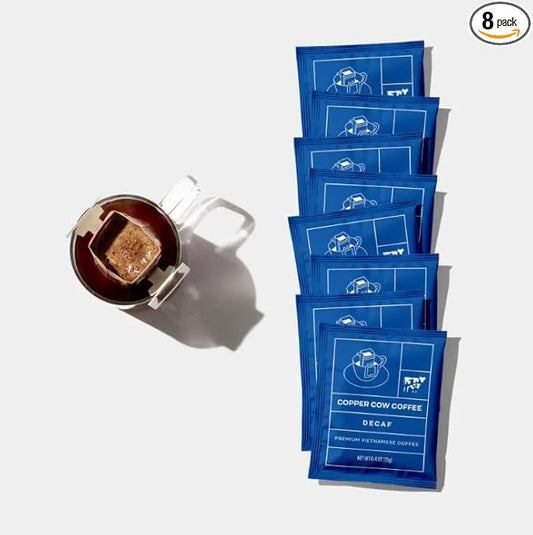 Copper Cow Coffee Pour Over Single-Serve Vietnamese Coffee Pouches (8 pack) | Decaf | Dark Roast | Convenient Vietnamese Ground Coffee Packets