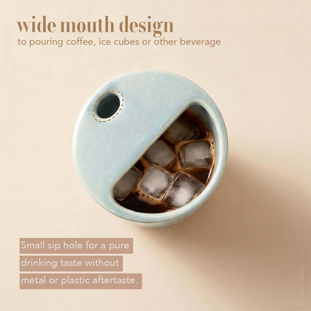 Handmade Ceramic Coffee Mug with Half Lid, 17oz Unique Tea Coffee Cup with Sip-top Lid, Sea Foam