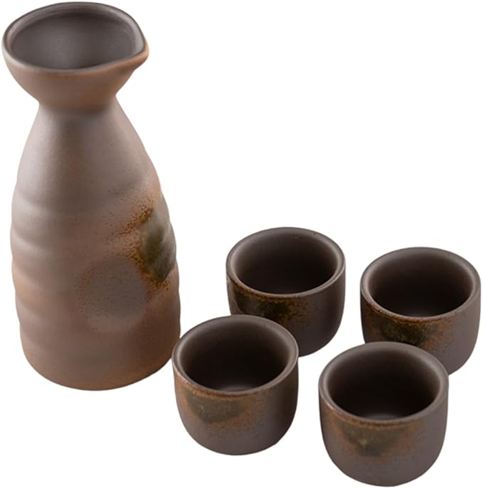 Urban Tokyo Japanese Sake 5 Piece Set Include 1 Sake Bottle and 4 Cups for Hot or Cold Sake Home or Restaurant Use Reactive Glazed Ceramic (Brown and Green)