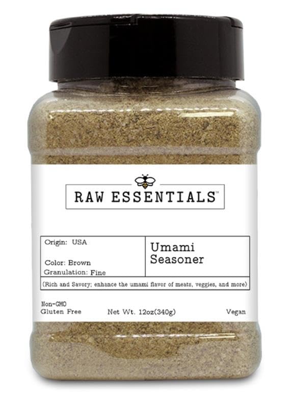 Raw Essentials Umami Seasoner Powder with Porcini Mushrooms and Garlic | Elevate Your Culinary Creations | Savory Spice Blend with an Earthy and Delicious Taste | Flavor Enhancer | Use on Meats, Veggies, & More! | 12 Ounce Bottle