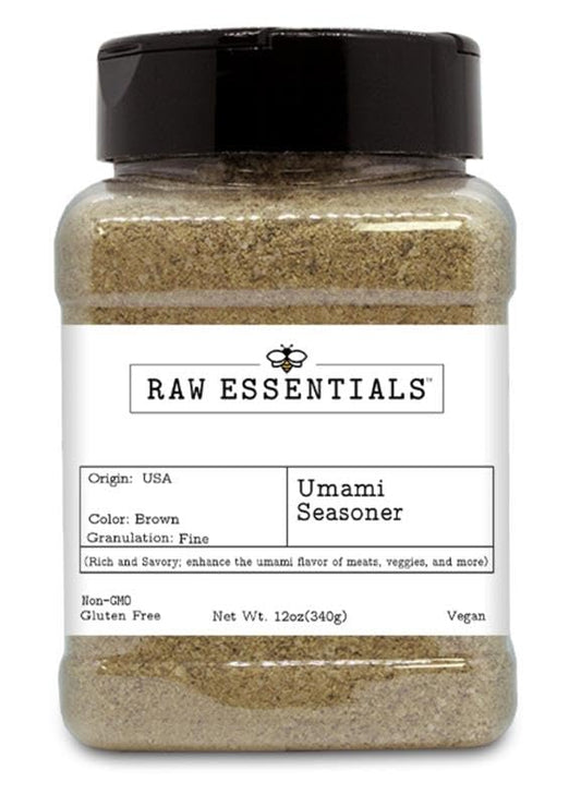 Raw Essentials Umami Seasoner Powder with Porcini Mushrooms and Garlic | Elevate Your Culinary Creations | Savory Spice Blend with an Earthy and Delicious Taste | Flavor Enhancer | Use on Meats, Veggies, & More! | 12 Ounce Bottle