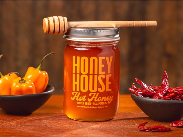 Honey House Hot Honey Premium Spicy Infused with Chili Peppers | 100% Natural with Natural Spices | Gourmet Sweet & Spicy Condiment for Pizza, Ice Cream, Cheese, Chicken, Veggies and More (Pack of 2)