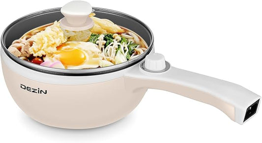 Dezin Hot Pot Electric Upgraded, Non-Stick Saut챕 Pan, Rapid Noodles Electric Pot, 1.5L Mini Portable Hot Pot for Steak, Egg, Fried Rice, Ramen, Oatmeal, Soup with Power Adjustment