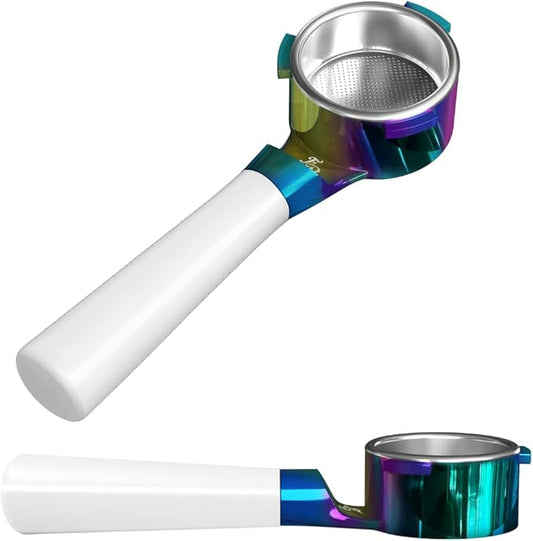 For Days 54mm Flat Base Bottomless Naked Portafilter Intended for Breville Espresso Machines, Includes Filter Basket, Wood Handle, Plastic Handle, Stainless Steel (White Handle - Rainbow)