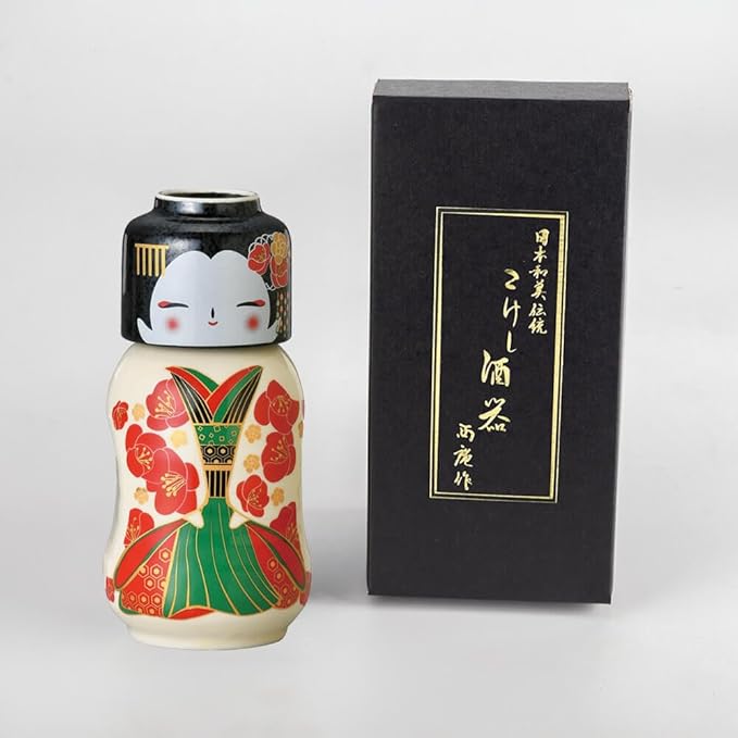 Japanese Traditional Kokeshi Design Sake Wine Soju Ceramic Set with 1 Ochoko Cup and 1 Tokkuri Bottle Gifts (Kokeshi Ume Maiko)