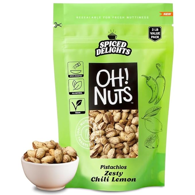 Oh! Nuts Spiced Pistachios with Chili Lemon Flavor, 2 LB ??Bold & Tangy Snack, Tajin-Style Seasoning, Chili Roasted Nuts ??Packed in Freshness-Sealed Resealable Bag