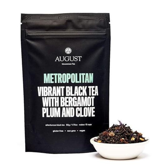 August Uncommon Metropolitan ??Bergamot Plum Earl Grey Black Tea ??Handcrafted Loose Leaf Tea for Daily Enjoyment ??Smooth and Aromatic with Bright Citrus Notes ??Convenient Resealable Pouch (1.8oz)