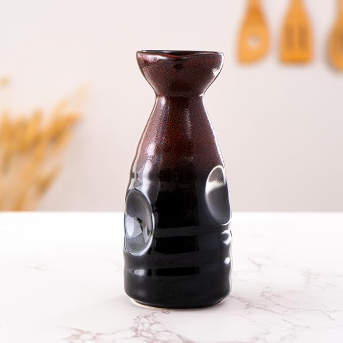 Urban Tokyo Tokkuri Porcelain Sake Bottle Server 10 fl oz Hot or Cold Sake Home or Restaurant Supply Use Reactive Glazed Ceramic (Black Red)