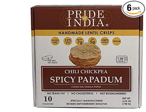 Pride Of India - Spicy Chickpea Masala Papadum Lentil Crisp, Pack of 6-10 count Box (3.53oz - 100gm) - Instant Popping Chips, Gluten-Free Crackers, Healthy Indian Snacks