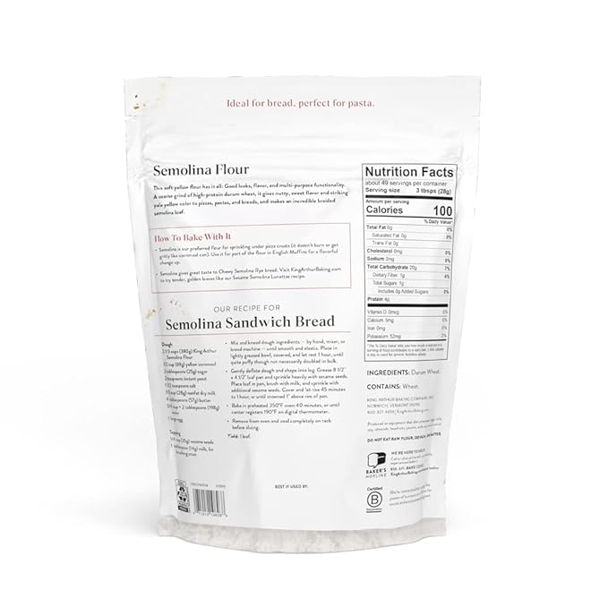 King Arthur Premium Semolina Flour: Coarse Ground, High Protein Durum Wheat for Perfect Pasta, Pizza, and Bread Making - Kosher, 3 lbs Resealable Bag, USA-Grown Wheat, Versatile Baking Ingredient
