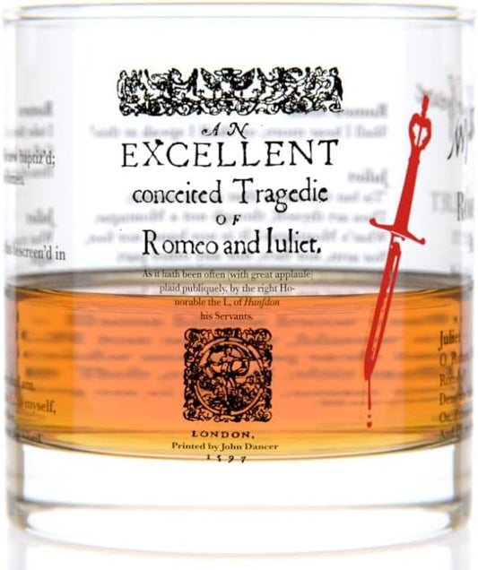 Well Told Classic Literature Rocks Glass - Romeo and Juliet by William Shakespeare - Old Fashioned Whiskey Glass Gift for Book Lovers (11 oz)