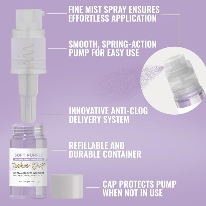 Bakell - Soft Purple Tinker Dust (4g, 1x Mini Spray Pump) Edible Glitter for Food, Desserts, and Beverages!