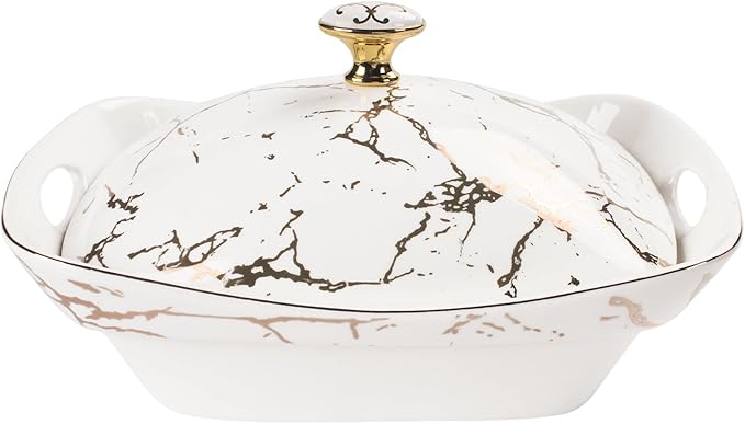 11.5" x 7" Ceramic Casserole Dish with Lid, 1.9 Quart Serving Soup Tureen,Chafing Dish for Buffet, Family Food Tray, Catering Casserole for Party, Oven, microwave and dishwasher safe,Large size