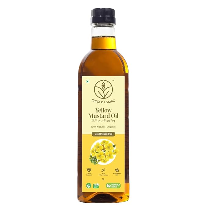 Shiva Organic Cold-Pressed Yellow Mustard Oil - 100% Natural, Certified Organic - 1L (33.8 fl oz) for Cooking, Massage, and Hair Care