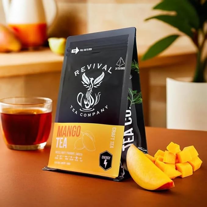 Revival Tea Company Mango Tea - Black Tea Blend with Real Mango Pieces and Flavor - Loose Leaf 6 Ounces
