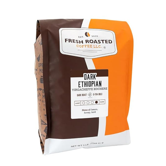 Fresh Roasted Coffee, Dark Ethiopian Yirgacheffe Kochere, 5 lb (80 oz), Dark Roast, Kosher, Whole Bean