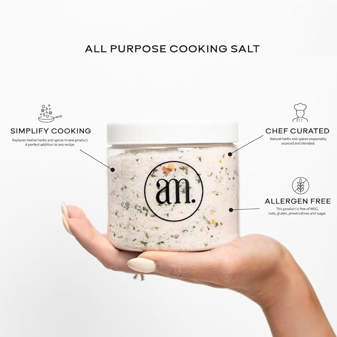 AM SIGNATURE SALT | Universal Cooking Signature Salt | All-Natural Seasoned Salt Blend of Gourmet Flake Kosher Salt, Herbs, Spices | 16oz | Created by Chef Marco and Aubrey Niccoli