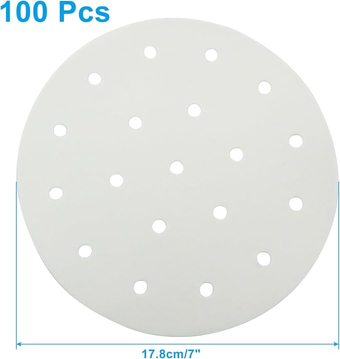 100 Pack 6 Inch Bamboo Steamer Liner - Round Air Fryer Parchment Paper with Holes - White Non Stick Steamer Paper for Air Fryer Basket, Oven, Microwave, Bamboos Steamer