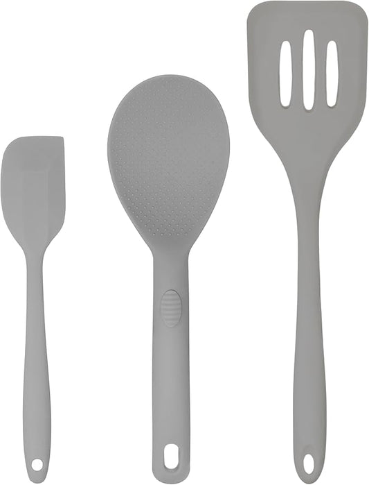 Silicone Utensils 3-Piece Set ??Rubber Spatula, Slotted Turner, and Rice Paddle ??Complete Heat-Resistant Set for Non-Stick Cookware ??Kitchen Tools and Accessories for Cooking & Baking ??Grey