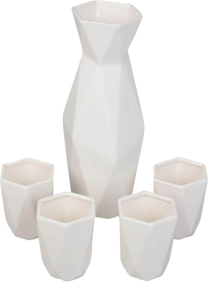 D'Eco 5 Piece Traditional Porcelain Japanese Sake Set, White - 1 Tokkuri Bottle (18 oz) and 4 Ochko Cups - Unique Modern Design - Great Gift Set for Weddings or Housewarmings