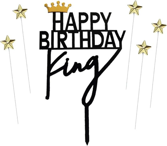 ZHENGYE Set of 1 Acrylic Happy Birthday Cake Topper Sign And 5 Gold Stars Cake Toppers For Birthday Cake Decorations(Black 26)
