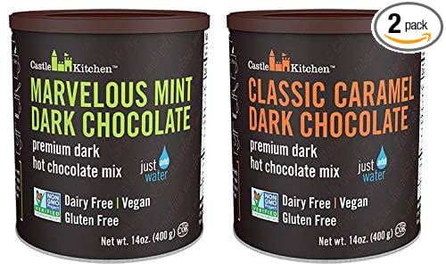 Natural Hot Chocolate Mix Variety Pack - Dairy-Free, Vegan Complete Mixes - Just Add Water - Pack of 2 (Classic Caramel Dark Chocolate & Marvelous Mint Dark Chocolate) 14 oz Each