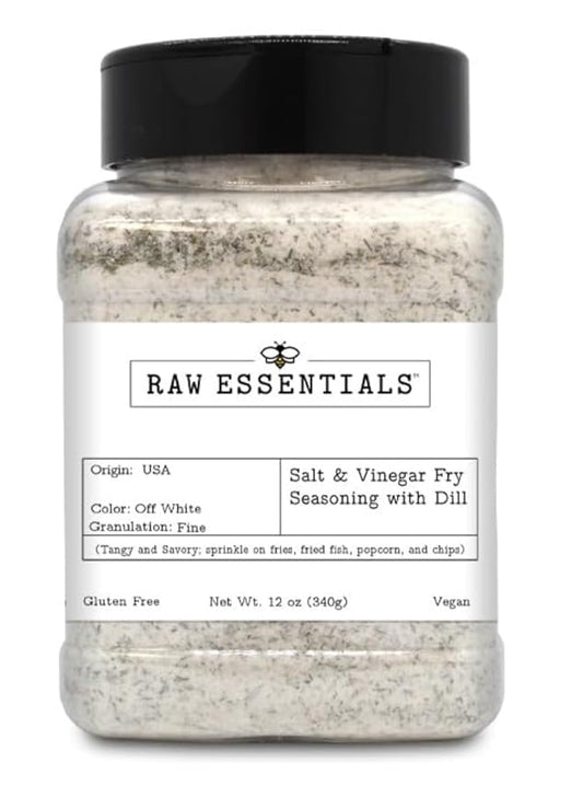 Raw Essentials Salt and Vinegar with Dill Gourmet Fries Seasoning - Tangy Dill Pickle Flavor - Great on Fries, Fried Fish, Popcorn, and Chips - Gluten-Free and Vegan - 12 Ounce Bottle