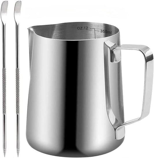 Milk Frothing Pitcher, 350ml/600ml (12oz/20oz) Milk Frother Cup Stainless Steel Jug Steaming Pitcher, Milk Coffee Cappuccino Latte Art Barista Steam Pitchers Milk Jug Cup with 2Pcs Decorating Pen