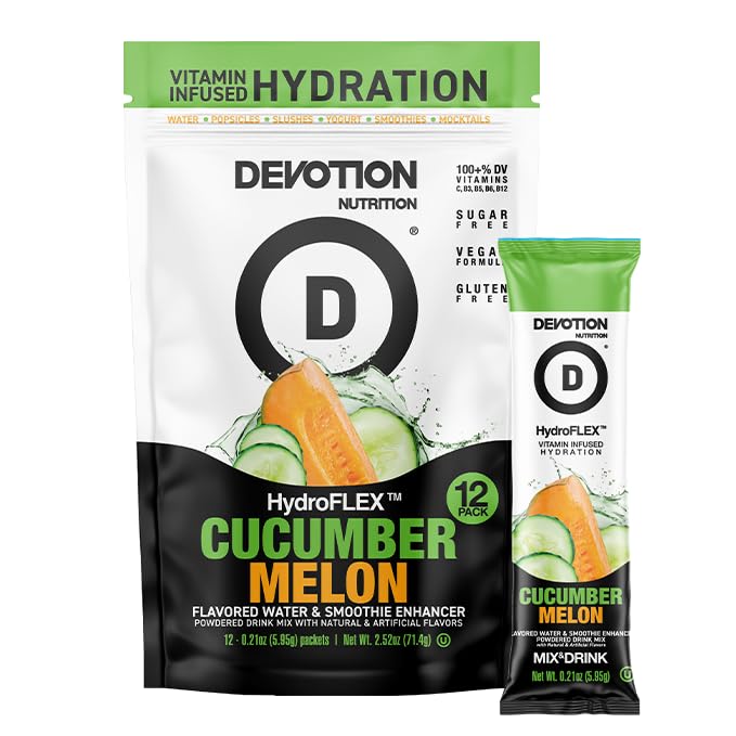 Devotion Nutrition HydroFLEX Water Flavoring Packets ??Sugar-Free Hydration with Vitamins & Electrolytes ??Dye-Free, Gluten-Free (Cucumber Melon) 12-Pack Drink Mix