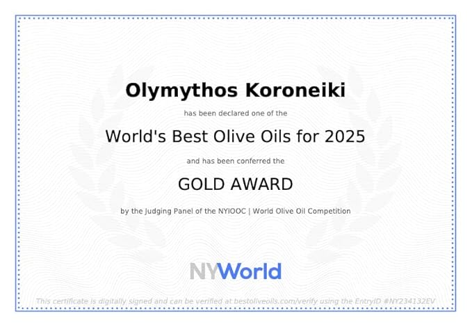 OLYMYTHOS Koroneiki Robust Extra Virgin Olive Oil - Polyphenol Rich (637 MG/KG) - World's Best Gold Award - 60X MORE Hydroxytyrosol Polyphenols - Single Origin - 750 ml (25.36 fl oz)