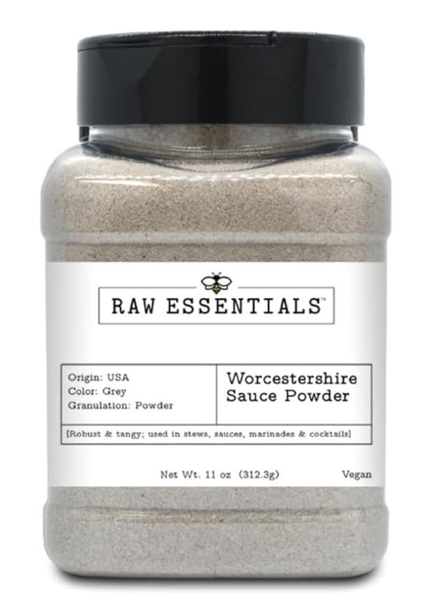 Raw Essentials Worcestershire Sauce Powder - Robust and Tangy - Elevates your Stews, Sauces, Marinades, and Cocktails - Vegan - 11 Ounce Bottle