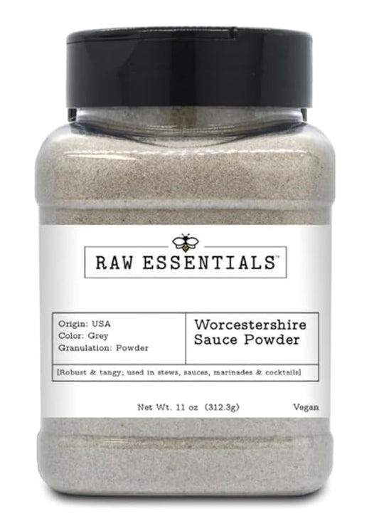 Raw Essentials Worcestershire Sauce Powder - Robust and Tangy - Elevates your Stews, Sauces, Marinades, and Cocktails - Vegan - 11 Ounce Bottle
