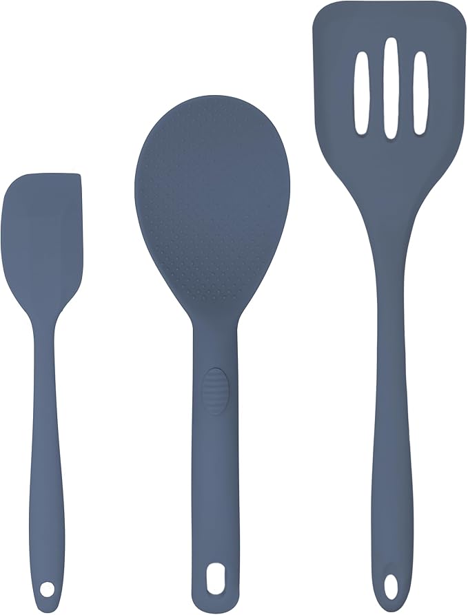Silicone Utensils 3-Piece Set ??Rubber Spatula, Slotted Turner, and Rice Paddle ??Complete Heat-Resistant Set for Non-Stick Cookware ??Kitchen Tools and Accessories for Cooking & Baking ??Blue