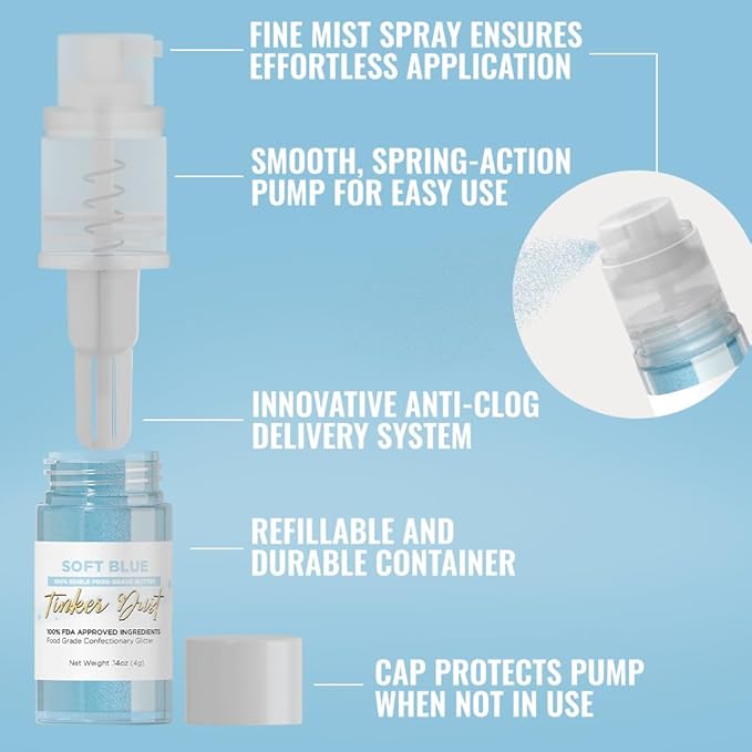 Bakell - Soft Blue Tinker Dust (4g, 1x Mini Spray Pump) Edible Glitter for Food, Desserts, and
