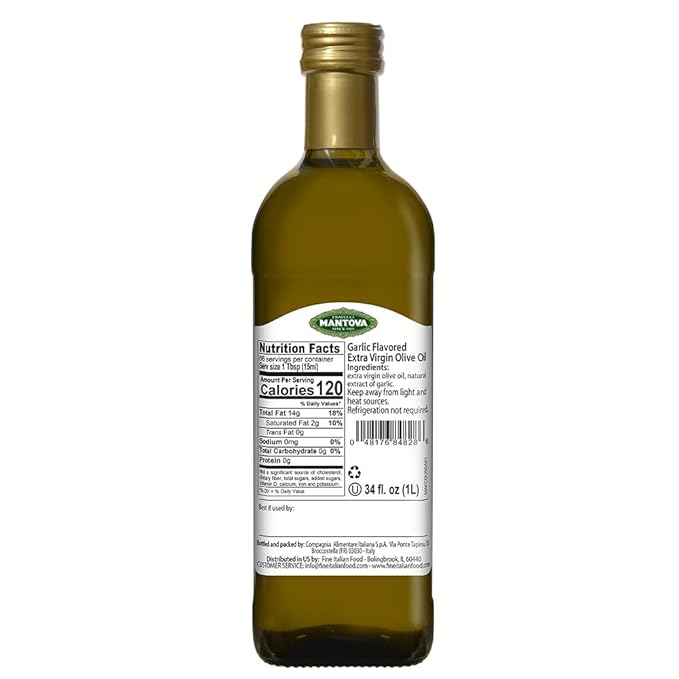 Mantova Garlic Extra Virgin Olive Oil (EVOO), Cold-Pressed and Imported from Italy 34 oz Glass Bottle - Flavorful Topping for Salads, Vegetables, and Pasta Dishes - Ideal for Dipping Italian Bread or Pan Frying - Convenient and Versatile (Pack of 2)