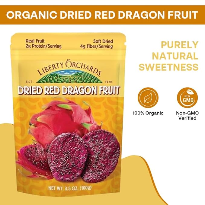 Liberty Orchard Organic Dried Red Dragon Fruit with fiber- Ideal for Recipes or a Nutritious fruit for Busy Lifestyle- Nutrient-Rich Dried Fruit with Vitamin C, Antioxidants & Fiber- 4 Pack