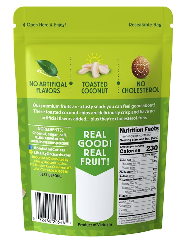 Liberty Orchard Organic Dried Coconut - Oven Toasted Coconut Chips for Healthy Digestion & Preservatives - Delicious Healthy Snack Ideal for Vegan and Keto Diets - One Fresh Coconut per 1.8oz Bag