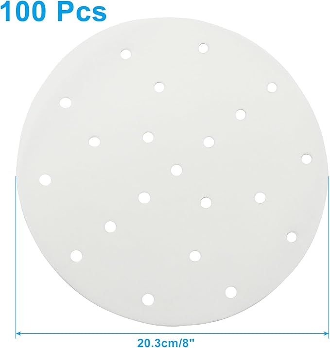 100 Pack 7 Inch Bamboo Steamer Liner - Round Air Fryer Parchment Paper with Holes - White Non Stick Steamer Paper for Air Fryer Basket, Oven, Microwave, Bamboos Steamer