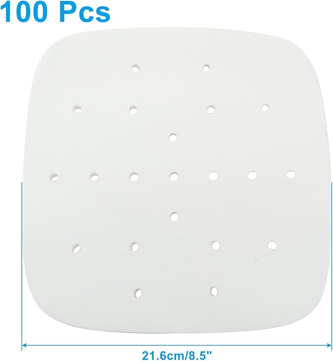 100 Pack 8.5 Inch Bamboo Steamer Liner - Square Air Fryer Parchment Paper with Holes - White Non Stick Steamer Paper for Air Fryer Basket, Oven, Microwave, Bamboos Steamer