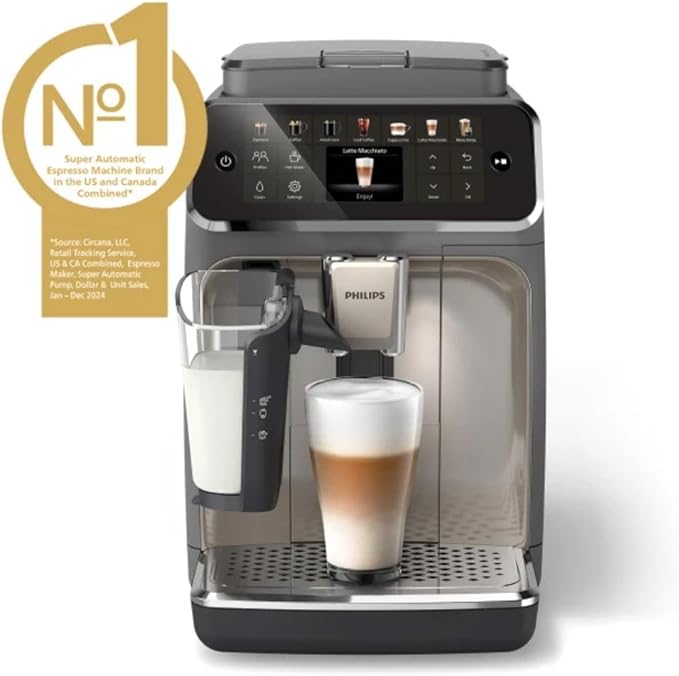 PHILIPS 4400 Series Fully Automatic Espresso Machine ??12 Hot & Iced Coffees, Quick-to-Clean LatteGo Milk System, SilentBrew, QuickStart, Ceramic Grinder, Cashmere Grey (EP4444/90)