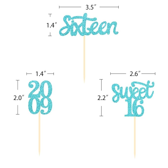 24 Pcs Sweet 16 Blue Glitter Birthday Cupcake Toppers for 16th Birthday Celebrating Party Decorations (Blue)