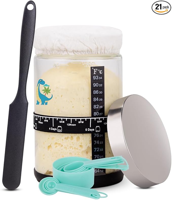 40oz Large Sourdough Starter Jar Glass Kit Wide Mouth with Black Silicone Spatula, Aluminum Lid, Cloth Cover, Date Marked Band, Thermometer (#1p 40oz with Black)